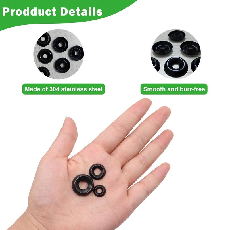 Seamaka 200 Pcs Black Finish Washers 7 Sizes 304 Stainless Steel Finishing Washers Countersunk Cup Assortment-#4#6#8#10#12#14#16 - Image 3